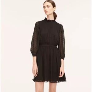 $365 Rebecca Taylor Black Clip Dot Short Dress Sheer Long Sleeves Ruffle Neck 10
